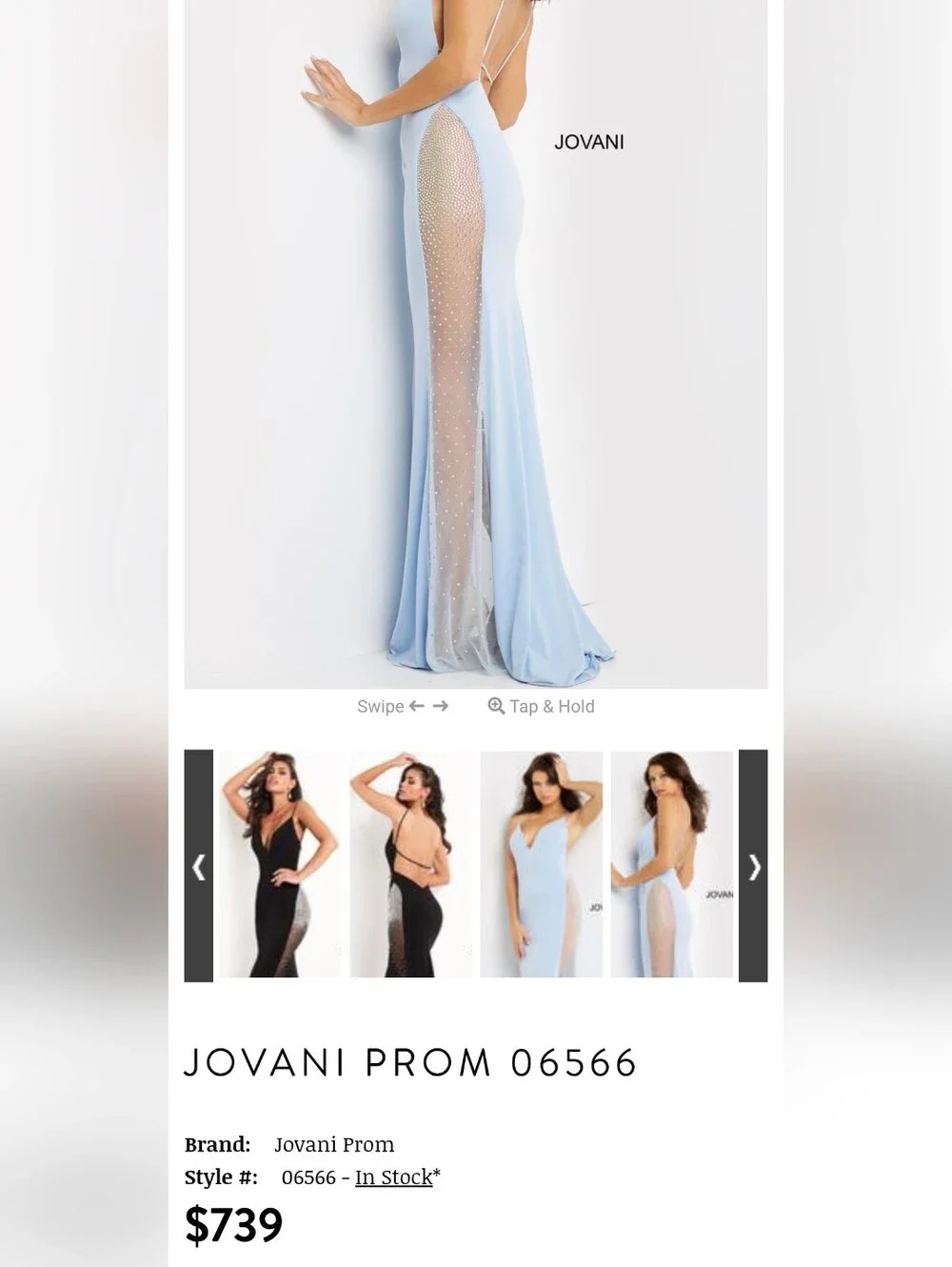 JOVANI Light Blue Backless Evening Gown with Embellished Sheer Panels